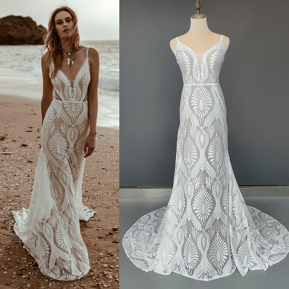 Mermaid Lace Beach Wedding Dress Deep V-Neck Boho Bridal Gown Mychicdress