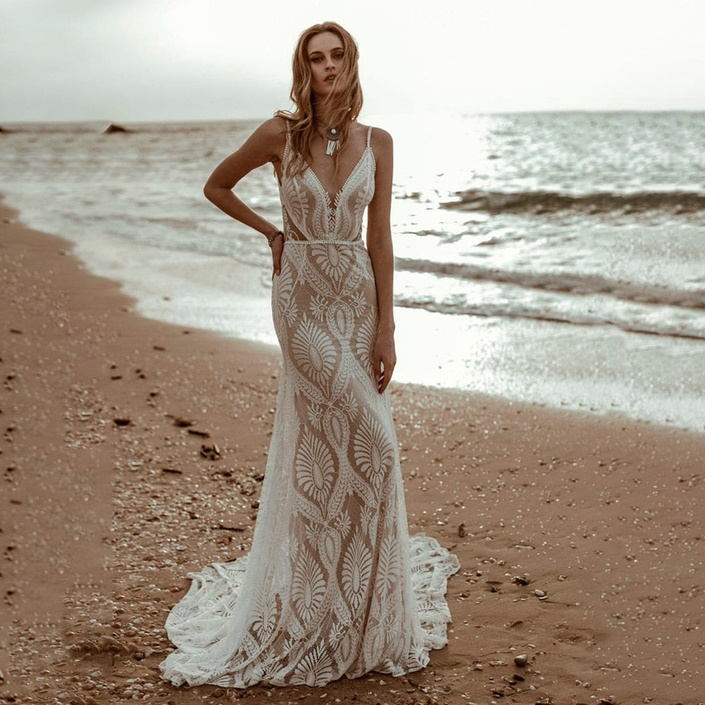 Mychicdress Mermaid Lace Beach Wedding Dress Deep V-Neck Boho Bridal Gown
