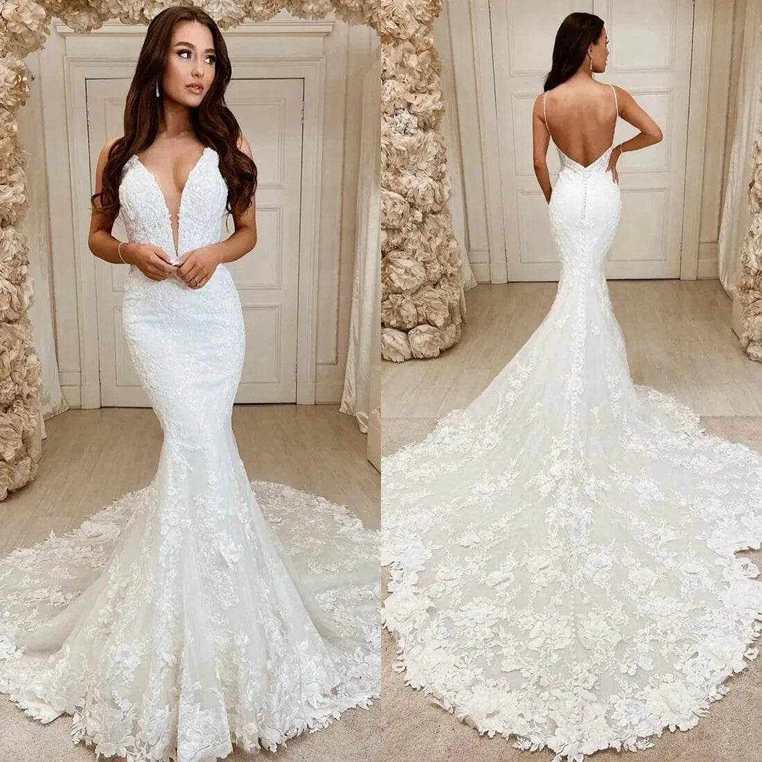Mermaid Lace Wedding Dress Plunging Deep V Neck Applique Train