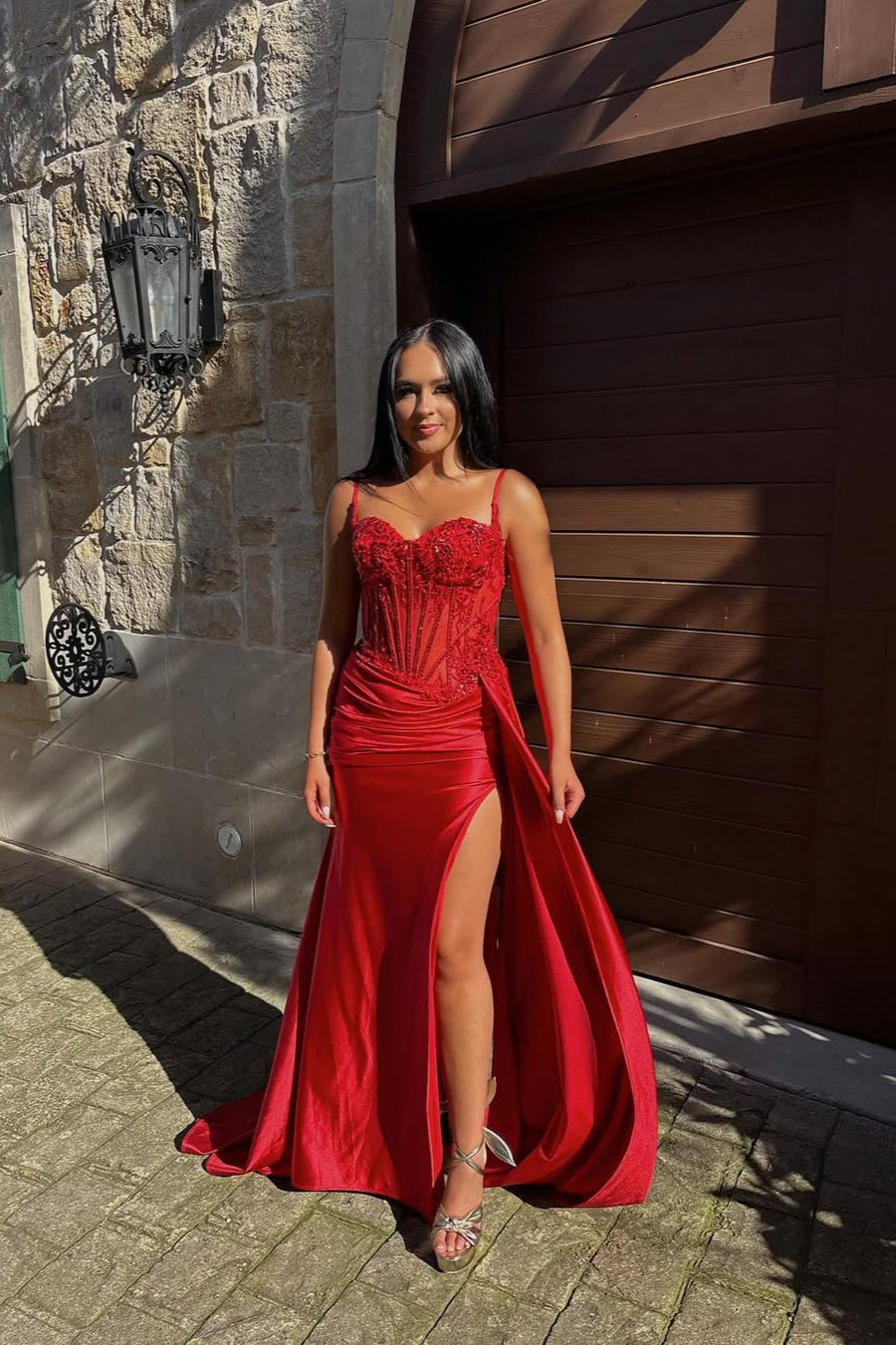 Mermaid  Prom Dresses red Appliqued With Split