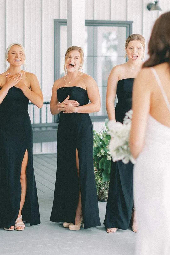 Mermaid Strapless Bridesmaid Dress Black Satin Sleeveless with Slit