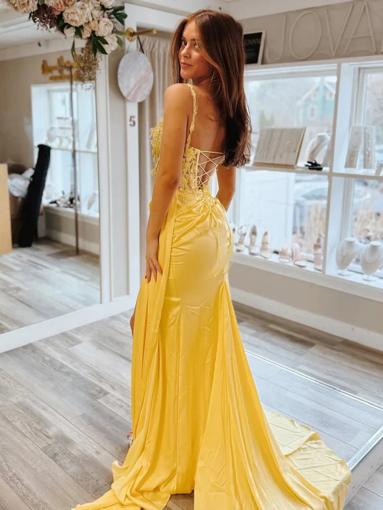 Mermaid Yellow Lace Formal Dress V Neck Long Evening Dresses