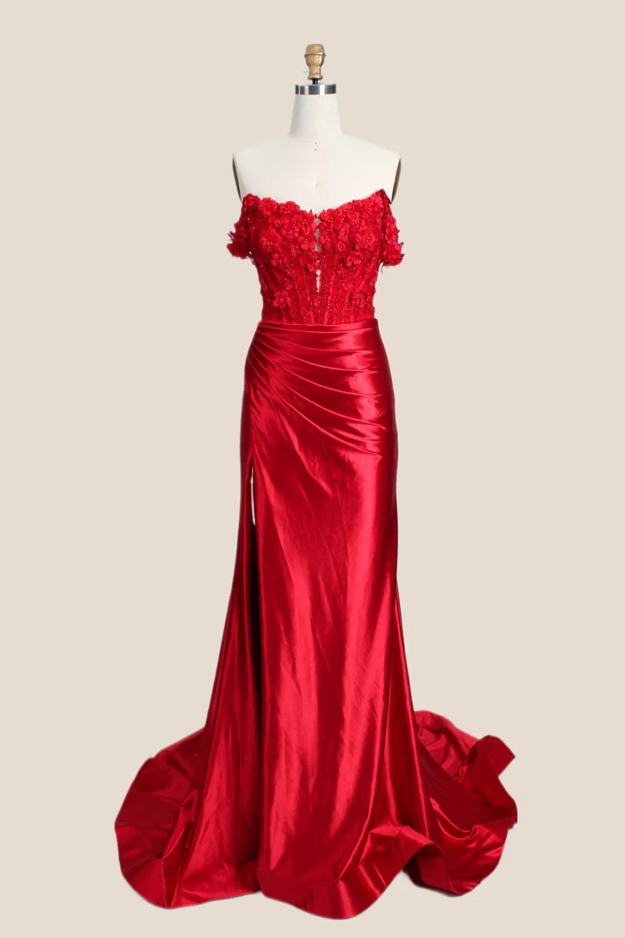 Red Corset Prom Dress Satin Off the Shoulder Mermaid Mychicdress