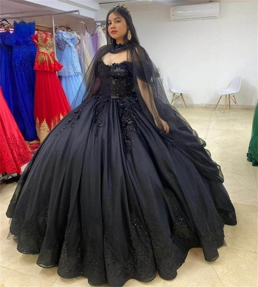 Mexican Black Corset Quinceanera Dresses Off the Shoulder Tulle Clock Applique