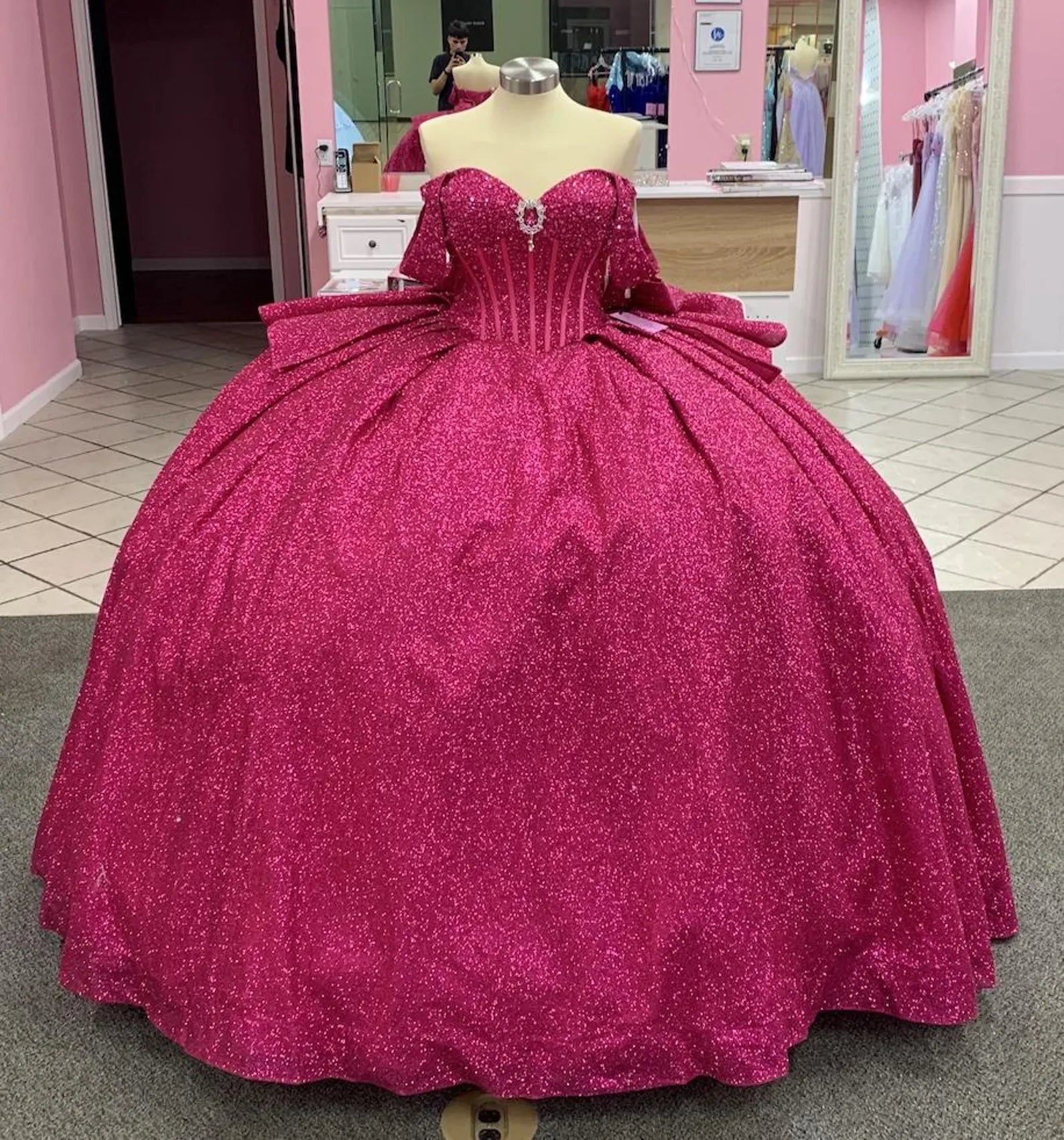 Mexican Hot Pink Quinceanera Dress Princess Ball Gown Glitter Dress Mychicdress