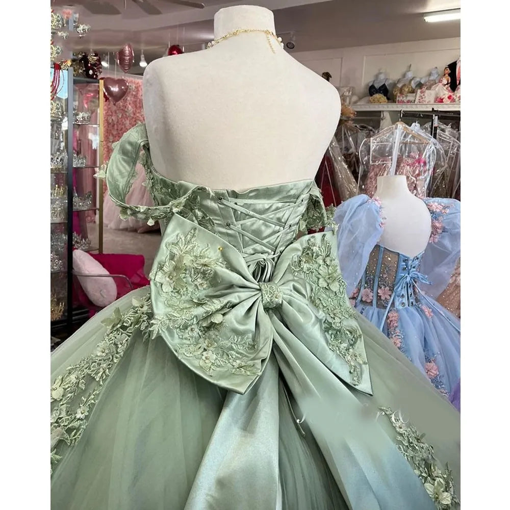 Mexican Sweet 16 Dresses Sage Green Puffy Quinceanera Dresses Ball Gown