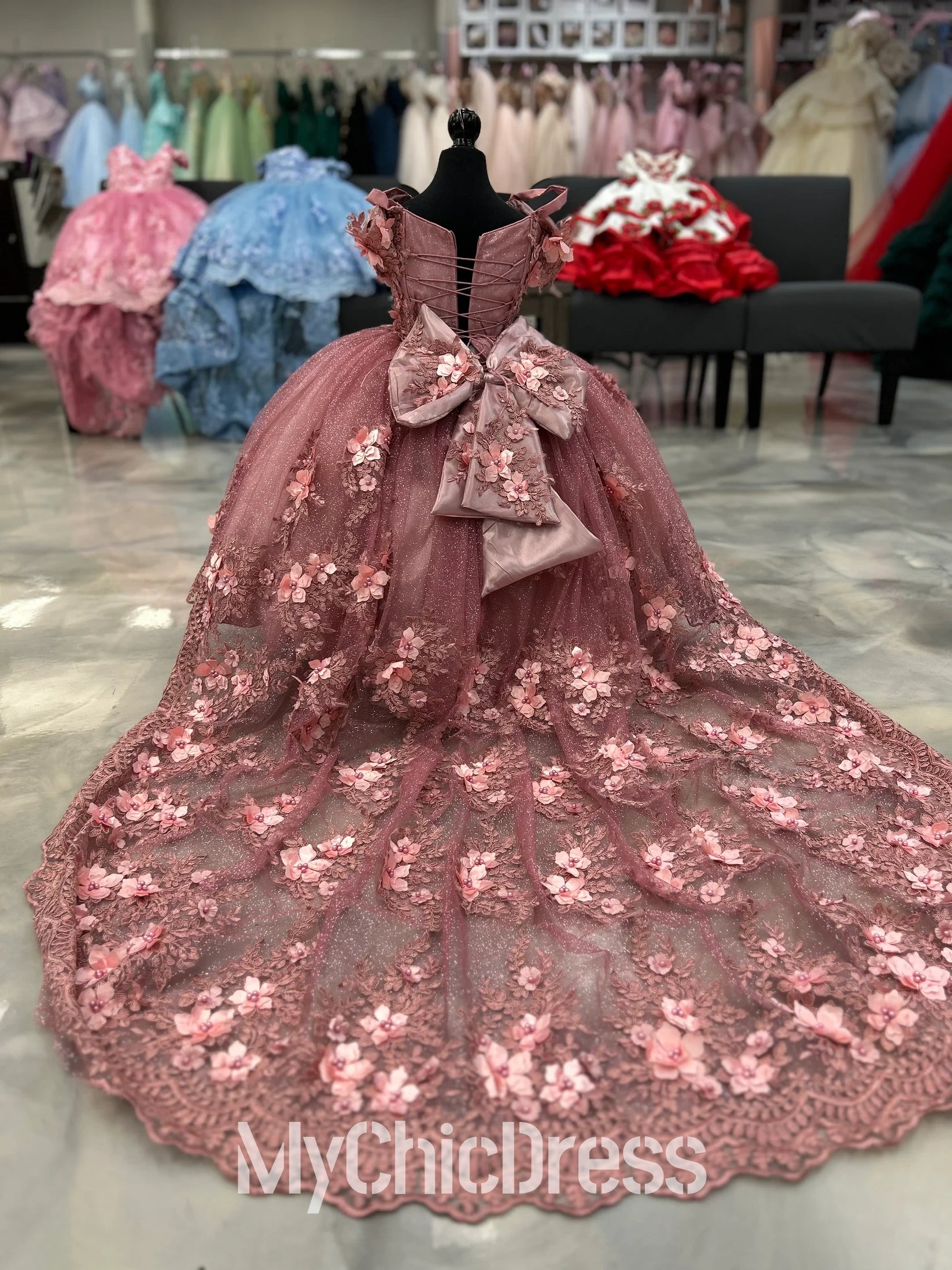 Mini Dusty Pink Quinceanera Dresses Flowers off the Shoulder with Bow Mychicdress