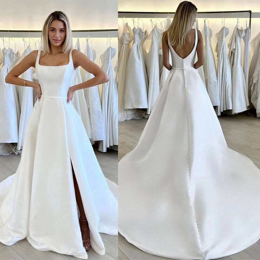Minimalist Square Neck Wedding Dresses Satin with Side Split