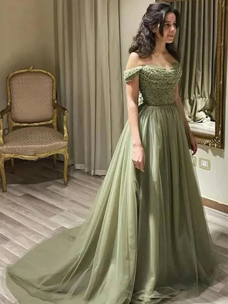 Mint Green Prom Dresses Beaded Long Evening Dresses Off Shoulder