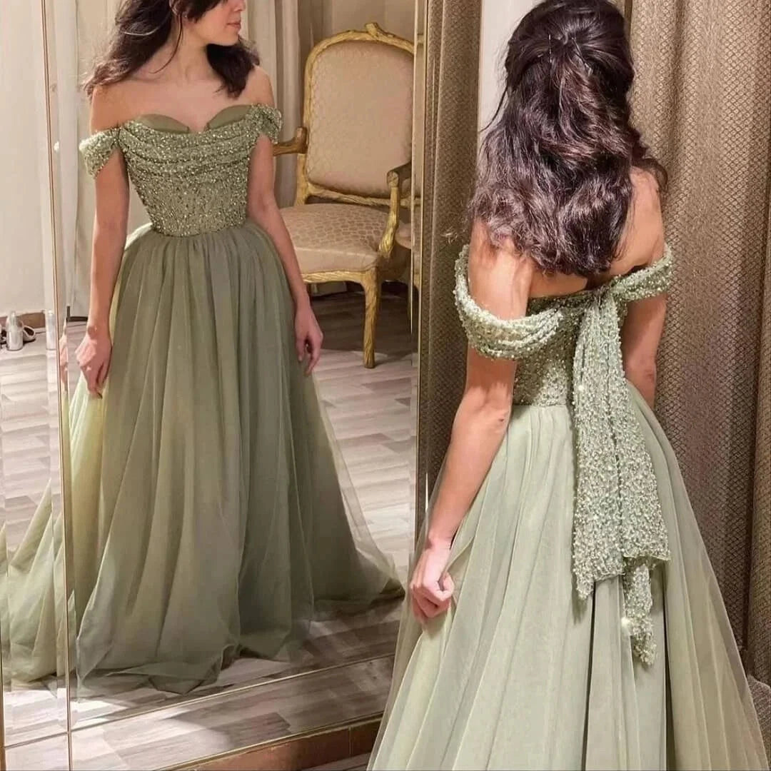 Mint Green Prom Dresses Beaded Long Evening Dresses Off Shoulder