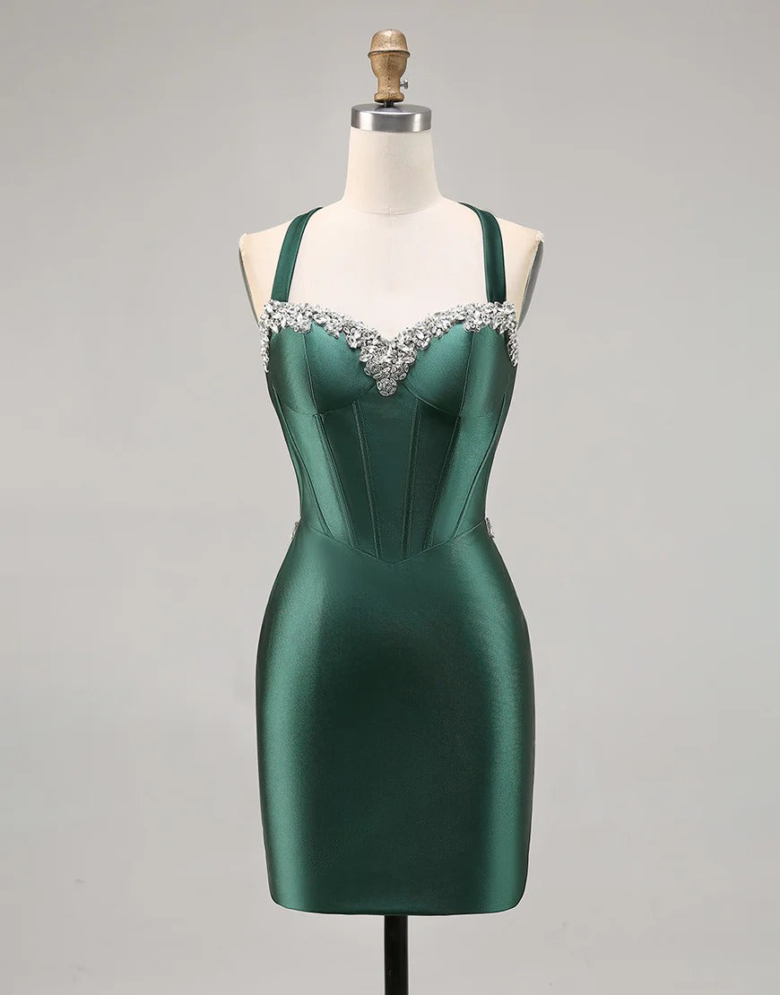 Modest Dark Green Homecoming Dress Short Beaded Corset