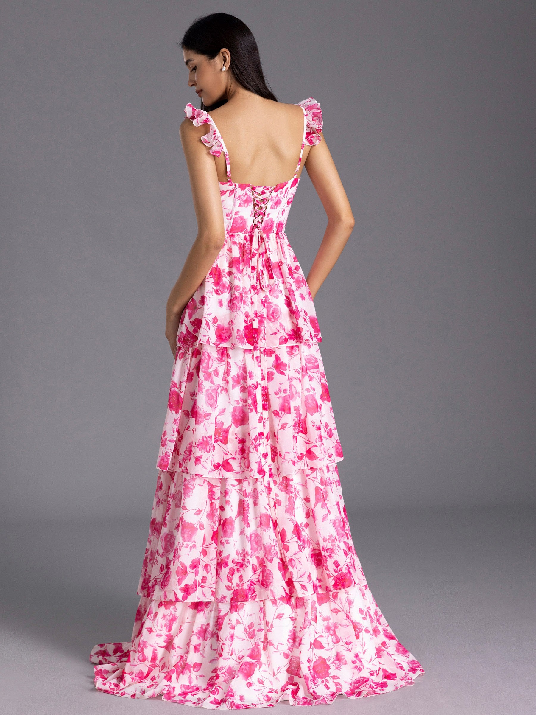 Modest Red Floral Printed Bridesmaid Dress A-line Ruffles Corset Mychicdress