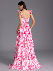 Modest Red Floral Printed Bridesmaid Dress A-line Ruffles Corset Mychicdress