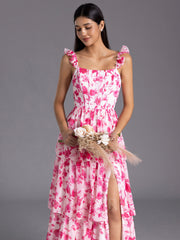 Modest Red Floral Printed Bridesmaid Dress A-line Ruffles Corset
