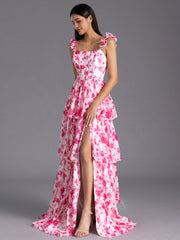 Modest Red Floral Printed Bridesmaid Dress A-line Ruffles Corset