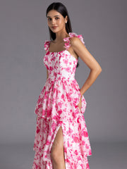 Modest Red Floral Printed Bridesmaid Dress A-line Ruffles Corset