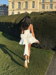 Mychic White Short Wedding Dress Mini Skirt Pleated with Bow