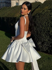 Mychic White Short Wedding Dress Mini Skirt Pleated with Bow