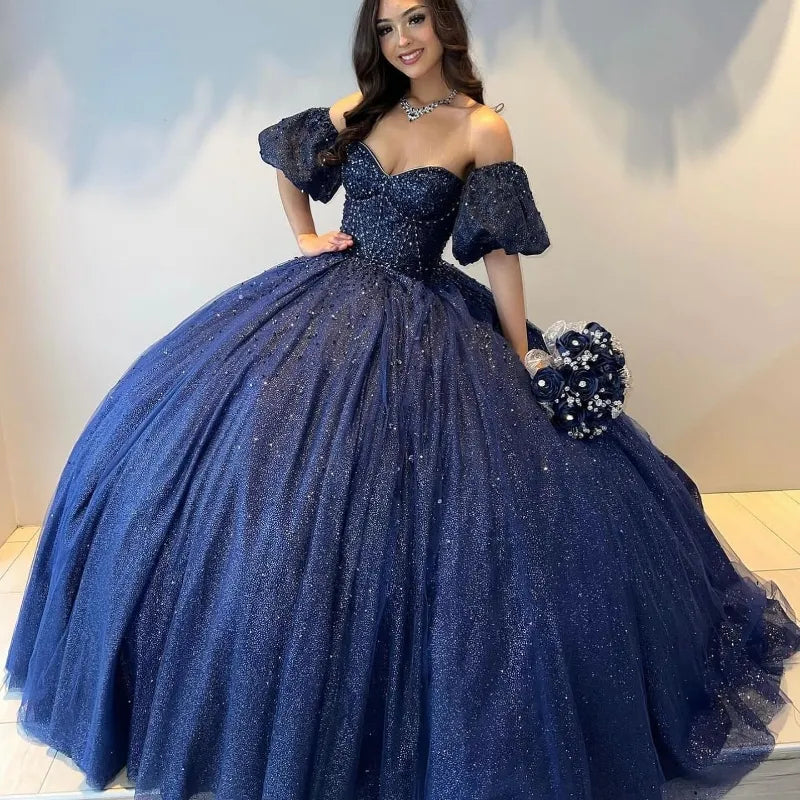 Navy Blue Sweetheart Quinceanera Dress Beaded with Puffy Sleeve