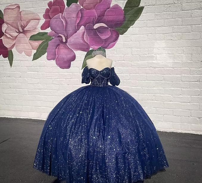 Navy Blue Sweetheart Quinceanera Dress Beaded with Puffy Sleeve
