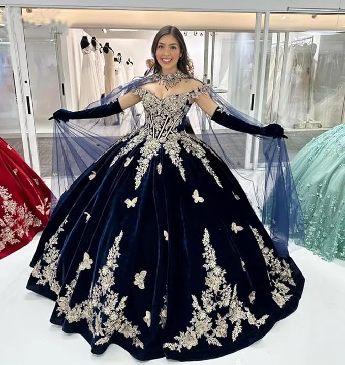 Navy Blue Velvet Quinceanera Dresses Gold Butterfly with Cape Mychicdress