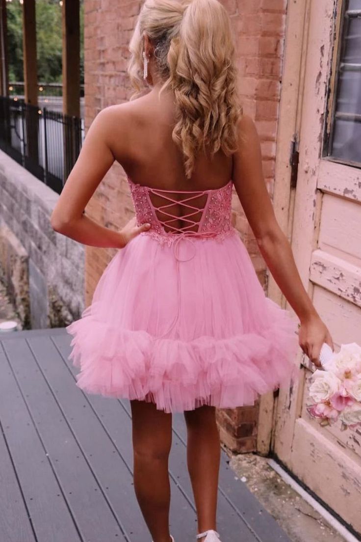 New A Line Lace Pink Homecoming Dresses with Ruffles Sweetheart