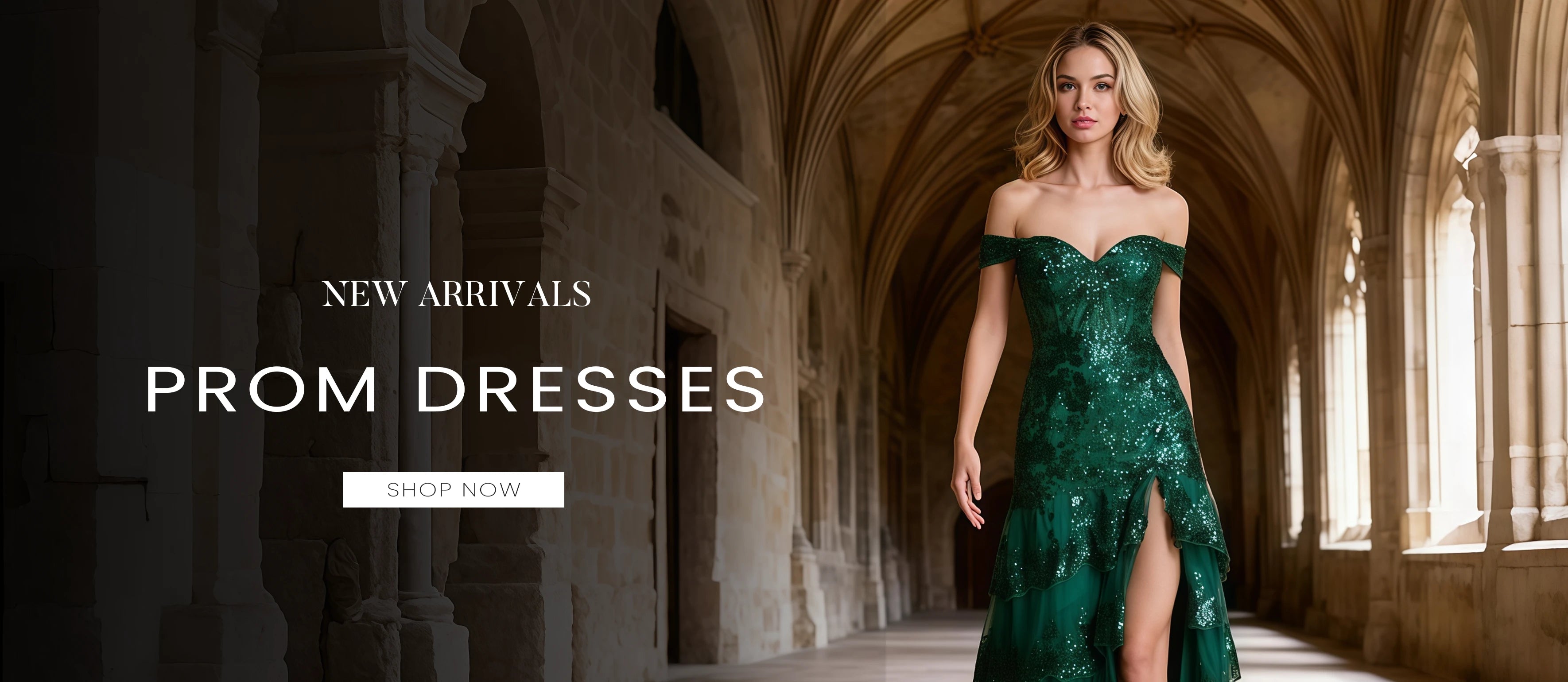 Woman in a green prom dress standing in an elegant hallway with 'New Arrivals Prom Dresses' text.