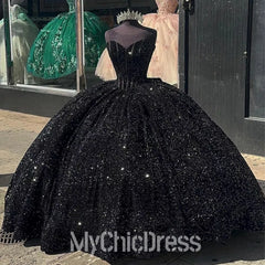 New Black Sweet 16 Dress Sparkly Sequin Quinceanrea Dresses Ball Gown