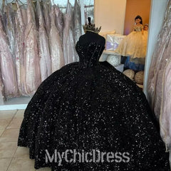 New Black Sweet 16 Dress Sparkly Sequin Quinceanrea Dresses Ball Gown