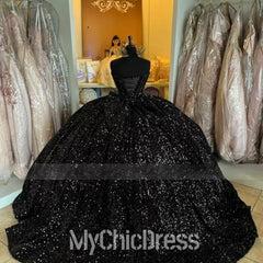 New Black Sweet 16 Dress Sparkly Sequin Quinceanrea Dresses Ball Gown