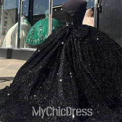 New Black Sweet 16 Dress Sparkly Sequin Quinceanrea Dresses Ball Gown