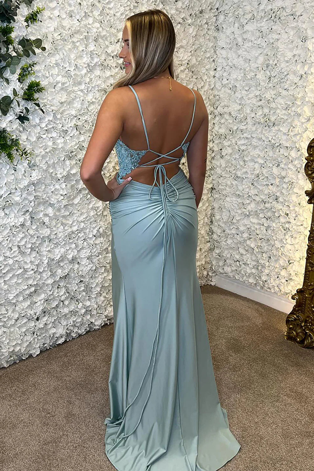 New Corset Sky Blue Prom Dress Lace Applique Pleated Tight with Slit