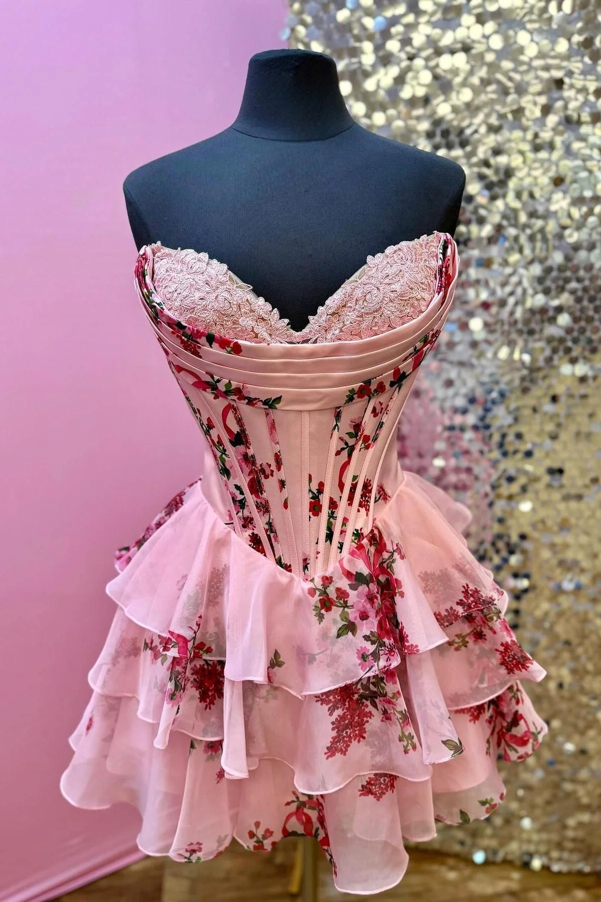 New Design Floral Print Corset Homecoming Dress Pink Short Ruffle Mychicdress