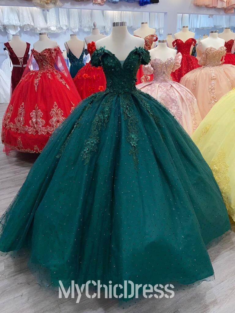 New Emerald Green Quince Dess for Sweet 16 Sequin Lace Gown