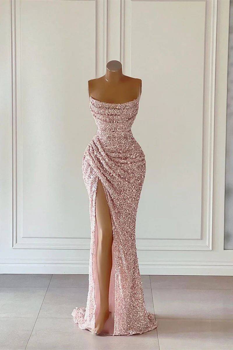 New Evening Gown Sequin Pink Prom Dresses Sleeveless With Split
