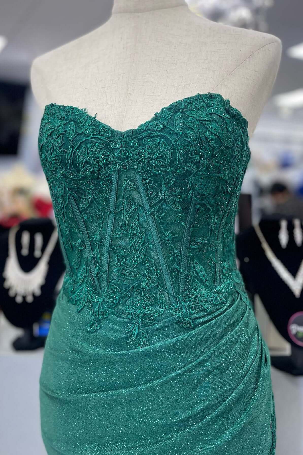 New Long Prom Dress Green Strapless Lace Sweetheart with Slit