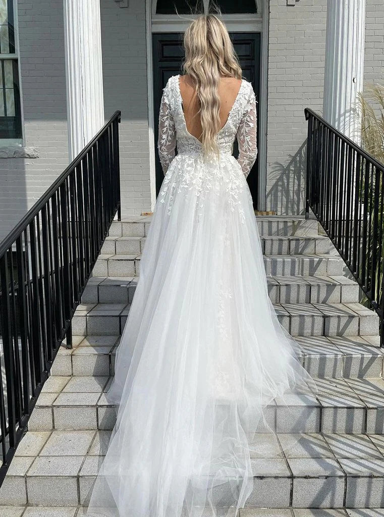 New Mermaid Lace Wedding Dress UK Long Sleeves Deep V-neck Mychicdress
