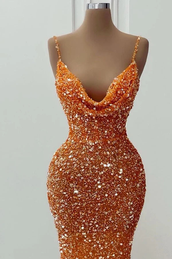 New Orange Evening Dress Sequin Mermaid Prom Dress Spaghetti Straps