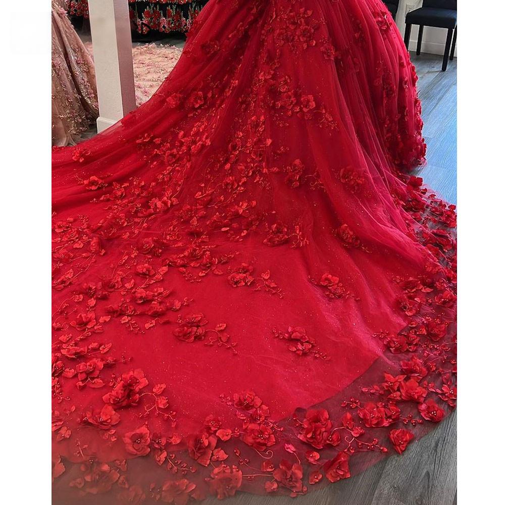 New Red Quinceanera 15 Dresses Beaded Off the Shoulder with 3D Flowers Mychicdress