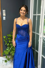 New Royal Blue Prom Dress UK Sequined Spaghetti Straps with Split