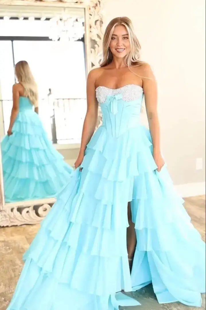 New Ruffles Corset Prom Dresses Sweetheart Chiffon Rhinestone