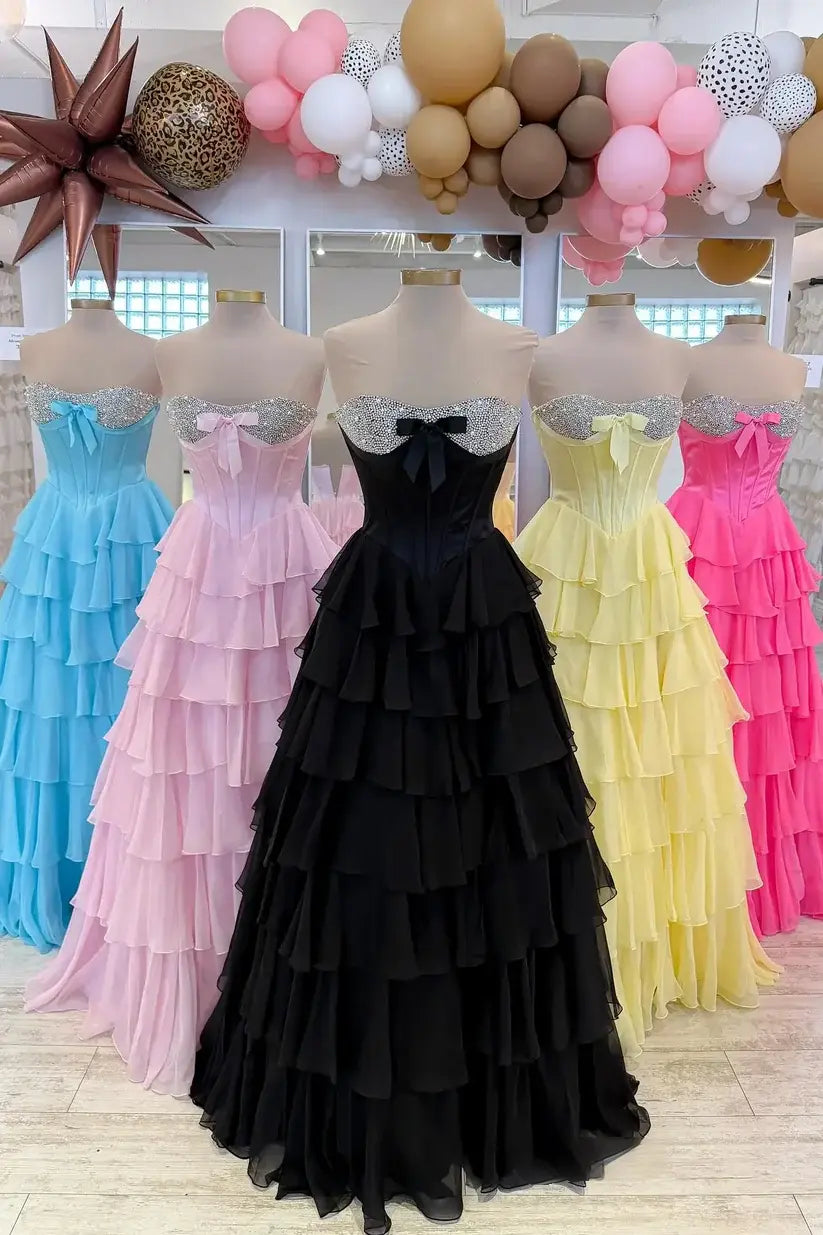 New Ruffles Corset Prom Dresses Sweetheart Chiffon Rhinestone