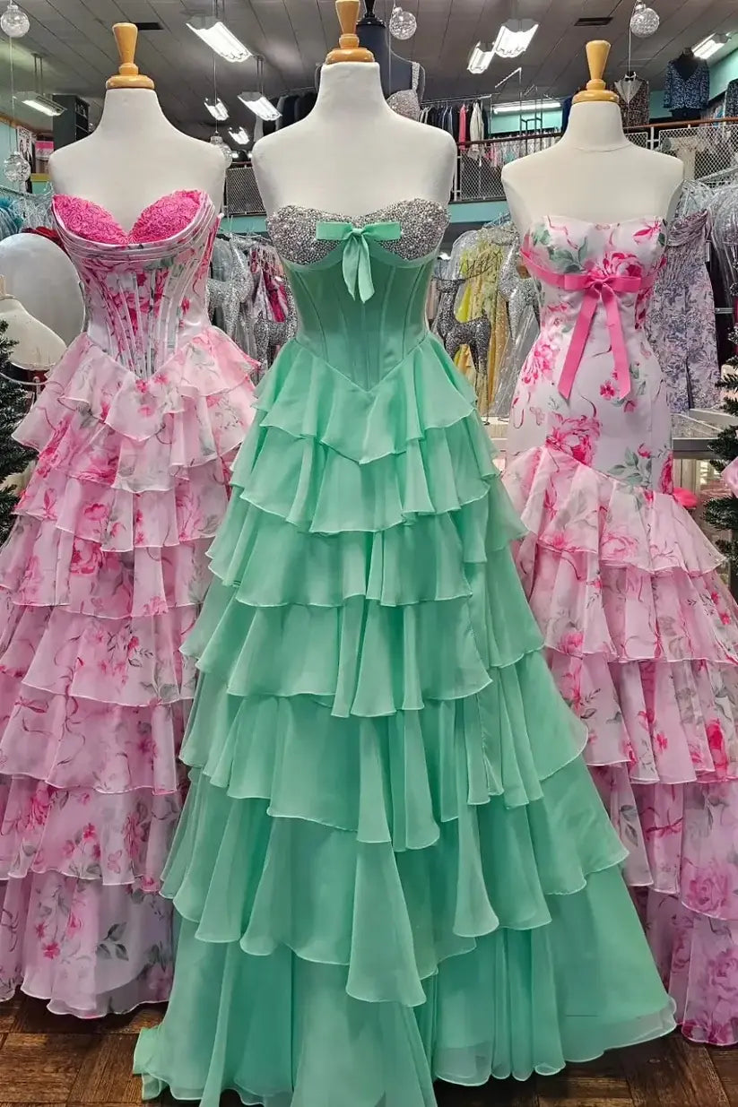 New Ruffles Corset Prom Dresses Sweetheart Chiffon Rhinestone