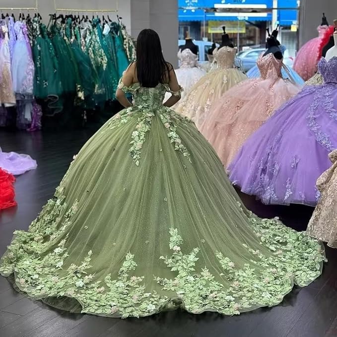 Off Shoulder 3D Floral Quinceanera Dresses sage green Sweet 16 Dress with Train Mychicdress