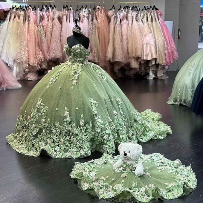 Off Shoulder 3D Floral Quinceanera Dresses mint green Sweet 16 Dress with Train Mychicdress