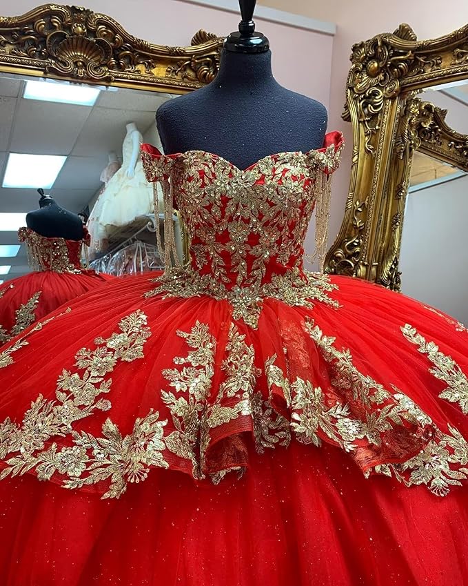 Off Shoulder Ball Gown Red Quinceanera Dress With Gold Lace Embellishment Mychicdress