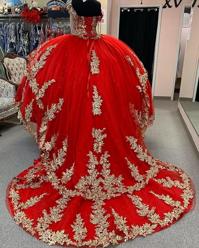 Off Shoulder Ball Gown Red Quinceanera Dress With Gold Lace Embellishment Mychicdress