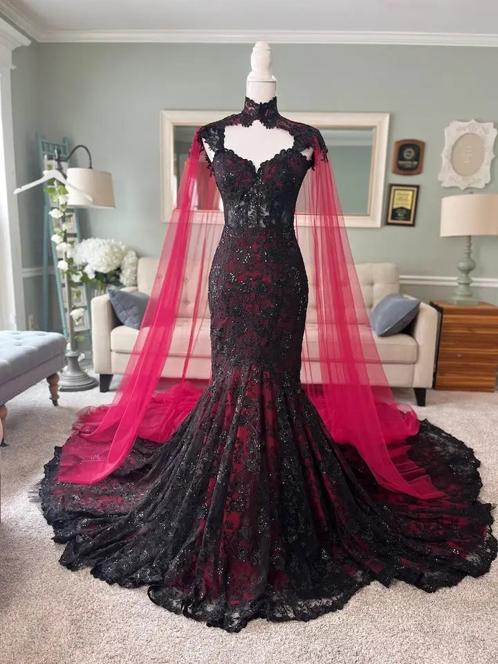 Off-Shoulder Black and Red Mermaid Wedding Dresses Applique with Cape