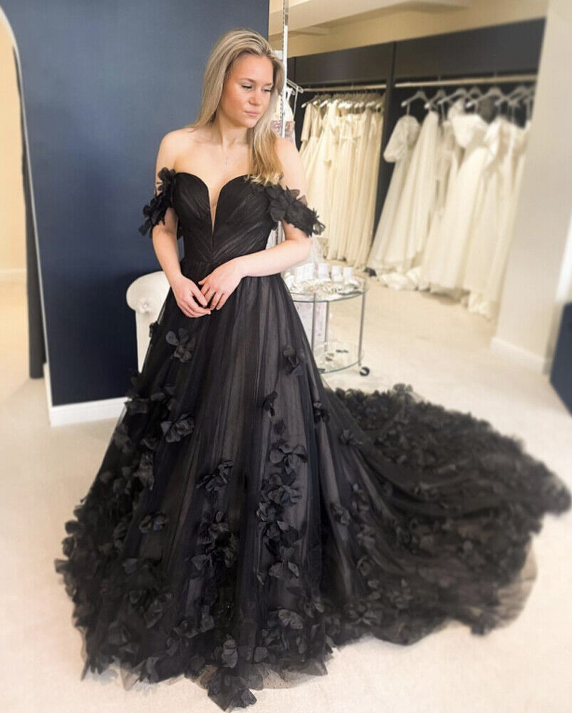 Off Shoulder Black Gothic Wedding Dress with 3D Flowers