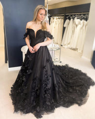 Off Shoulder Black Gothic Wedding Dress with 3D Flowers